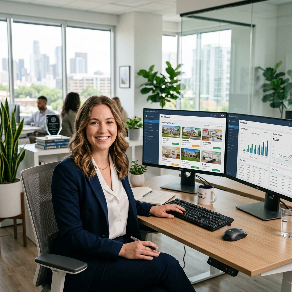 A professional virtual assistant working in a bright, modern office setting with multiple monitors displaying Compass real estate software. She is smiling confidently while managing client transactions, conveying trust, expertise, and personalized high-touch support.