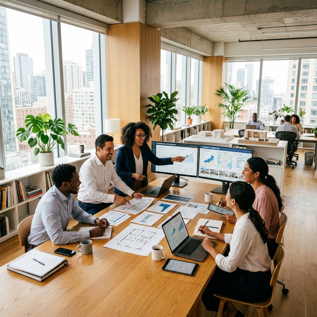 A collaborative team of skilled professionals working together in a bright, airy modern office. Several team members are reviewing real estate documents and digital dashboards, depicting a high-energy, supportive environment with natural light and warm, welcoming decor.