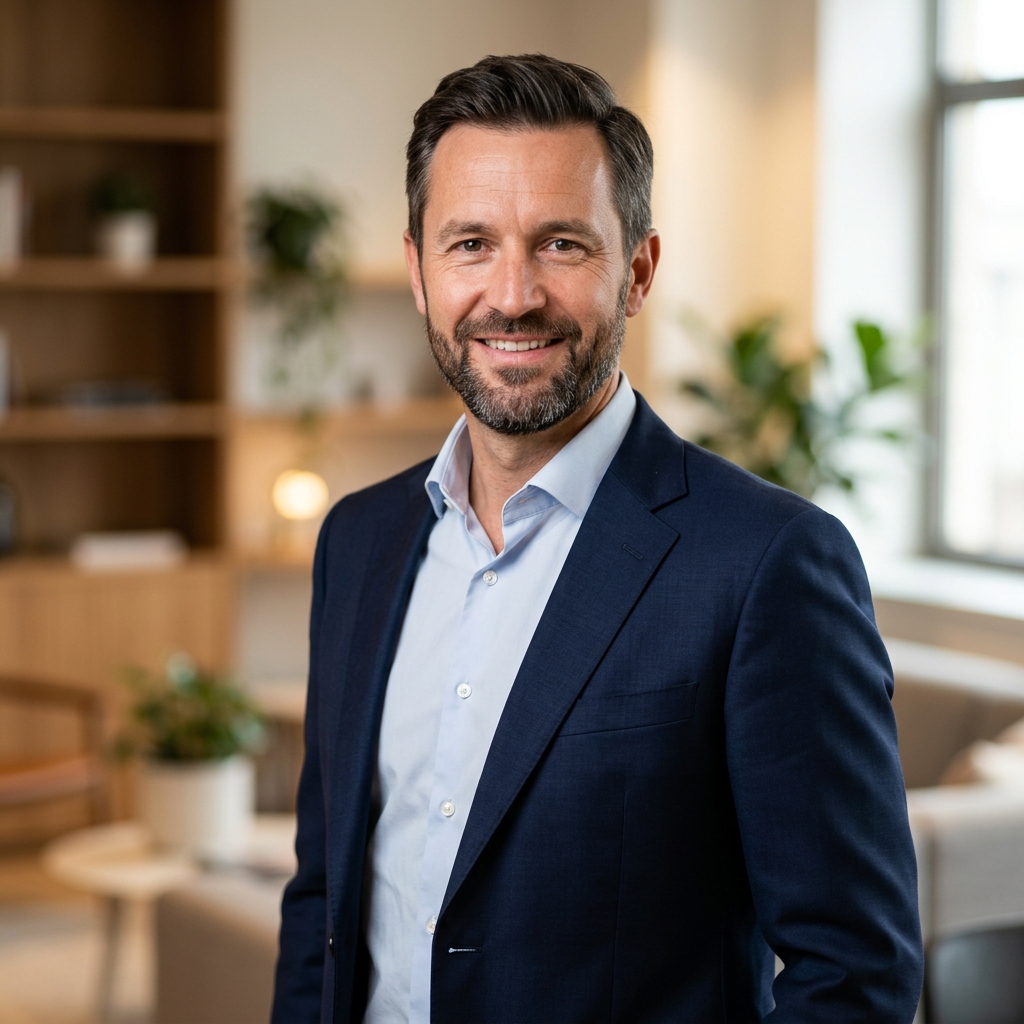 Professional headshot of a distinguished male real estate agent wearing a tailored suit, photographed in a luxurious, well-appointed office setting that conveys expertise and reliability.