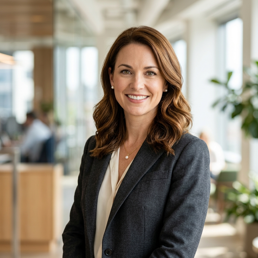 Professional headshot of a confident female real estate agent in business attire, smiling warmly with a bright modern office in the background, conveying success and trustworthiness.