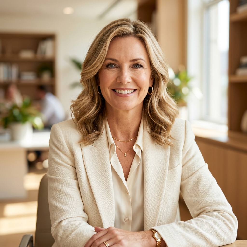 Professional headshot of an experienced female luxury real estate agent with a warm smile, photographed in a sunlit, elegant office environment suggesting premium client service.